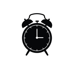 Black alarm clock icon with bells and hands white