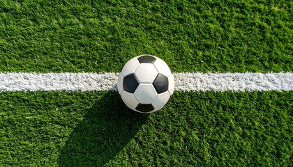 Soccer ball placed on white line of green football field, minimal closeup sports concept with clean turf texture, realistic stock photo for game strategy, training, match preparation, and editorial us