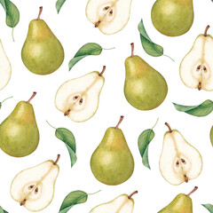 Watercolor seamless pattern with pear fruits and leaves on white background. For juice and jam packaging, cookbooks, menus and seasonal printing.