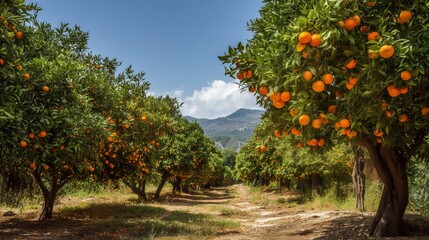 Lush orange orchard with ripe fruit hanging from trees under a clear blue sky