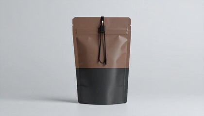 Two-toned pouch with brown top and black bottom. Drawstring closure on a clean white background. Mockup, packaging, presentation, product photography