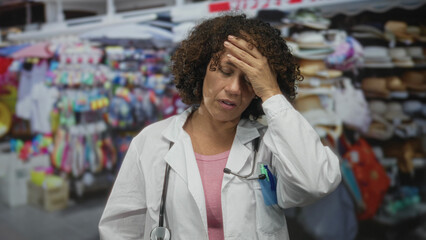 Woman doctor with hand to forehead browsing souvenirs at busy street market stalls outdoors; stress.