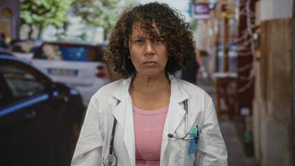 Woman standing on narrow city street in white coat with stethoscope, serious expression face...