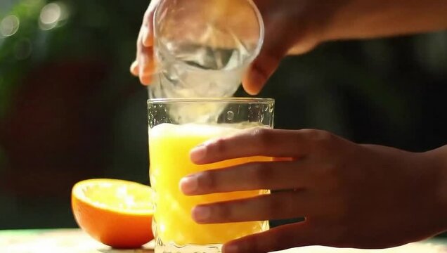 Citrus Delight: A person carefully pours a clear liquid, potentially water, into a tall glass filled with freshly squeezed orange juice and slice an orange.