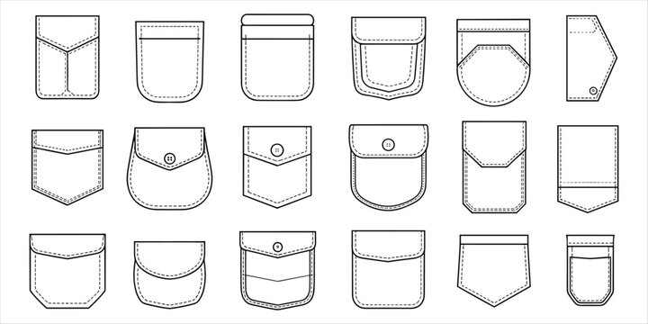 Assortment of flat fashion pocket designs for clothing and apparel in various shapes pockets