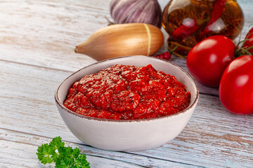 Bulgarian traditional lutenica pepper sauce