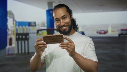 Man holding chocolate bar with both hands at a petrol station street while smiling and examining the candy  simple joy. © Krakenimages.com