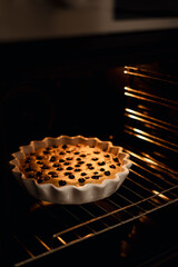 Homemade blueberry pie baking in oven in ceramic dish close up.