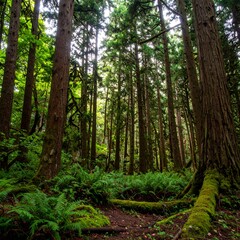 Lush forest floor. Sunlight filters through tall trees
