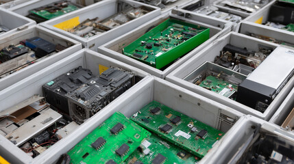 Wide close-up of multiple boxes lined side by side, each with distinct e-waste components sorted neatly.