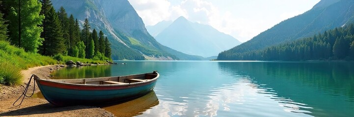 Adventurous journey on a calm lake, a small boat pulled ashore near a hiking trail, ready for exploration Perfect for travel, adventure, and outdoor recreation themes , woods, shoreline, leaves