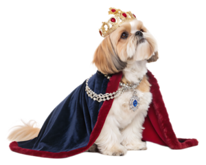 A shih tzu dog wearing a golden crown and a blue and red cape with a diamond necklace isolated