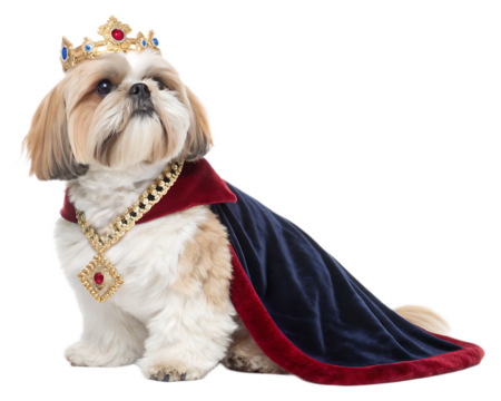A shih tzu dog wearing a crown and a cape with a gold necklace sitting on a white background