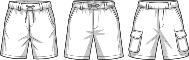 Fashion flat sketches of men's shorts front views with pockets and drawstring illustration drawing