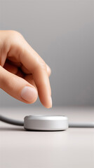 Hand pressing white emergency button device on wall, symbolizing safety, alert system, patient care and healthcare monitoring technology in hospital environment.