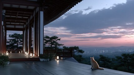 Fototapeta premium A charming orange cat sits at the edge of an ancient structure, admiring the serene sunset and lush surroundings in the twilight