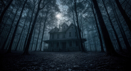 Fototapeta premium Haunted house sits silently in dark forest under moonlight, creating an eerie ambiance. Haunted house against backdrop of dense woods evokes mystery and dread.