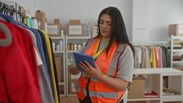 Young woman volunteer in orange vest organizing clothes indoors at charity donation center with shelves and racks, showing diligence and teamwork.
