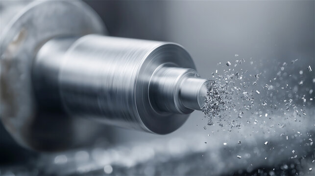 Close-up of metal lathe machine cutting cylindrical steel part with precision, small particles flying during process, representing modern manufacturing, engineering and technology.