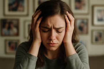 Anxious reflection: A young woman, caught in a moment of intense worry, clutches her head with a sorrowful, pained expression. Capturing raw emotion.