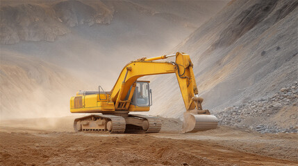 Obraz premium Yellow excavator working in quarry with dusty environment, concept of mining, construction, heavy machinery and resource extraction for global industry.