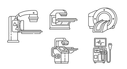 Medical diagnostic imaging equipment icon set featuring MRI, CT scanner, ultrasound, and x-ray machines in a thin line art style
