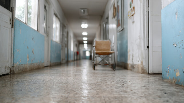 Empty corridor with an abandoned wheelchair in an old hospital.