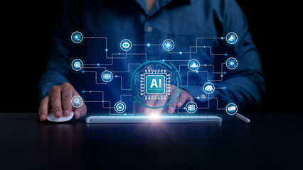 AI agent and generative artificial intelligence. Robotic processes automation and data analysis. Developer Training Ai and machine learning. agentic workflows. LLM. Deep learning. Big Data. AGI. code.