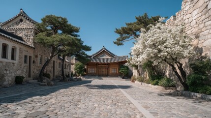 Obraz premium Traditional Korean architecture and stone pathway in a peaceful environment