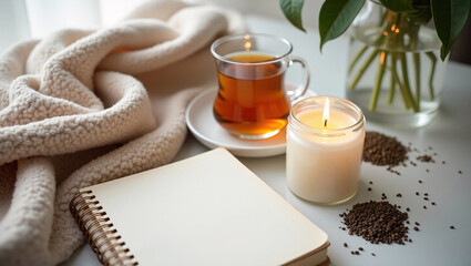 herbal tea, lit candle, wellness journal, and warm blanket beside daylight window, photographed for feminine balance and holistic daily ritual