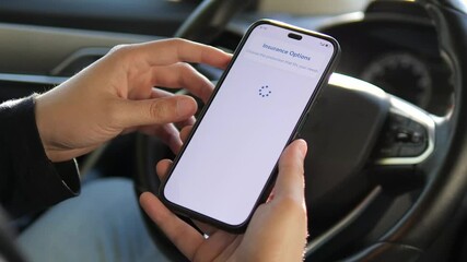Hands compare online auto insurance proposals on a phone in a car, highlighting informed decision-making. Perfect for insurance ads, financial literacy, or responsible ownership content.