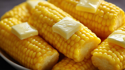 Boiled corn on cob with melting butter served as delicious meal for family thanksgiving dinner gathering