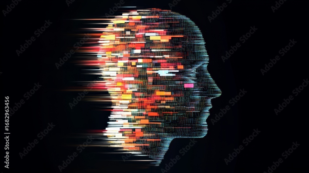 Poster exploring the complexities of digital identity a colorful profile head representing modern selfhood