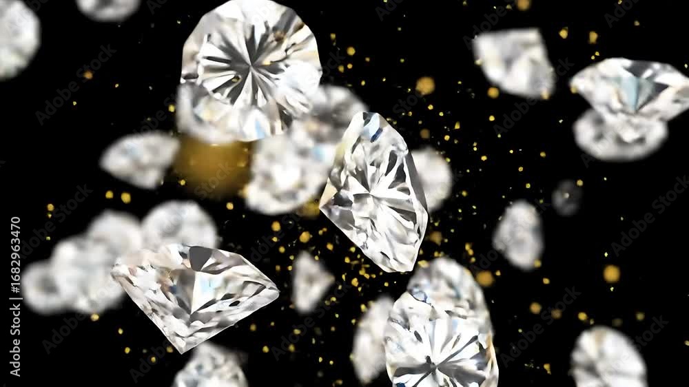 Poster sparkling diamonds dancing in the air with golden glimmers in a mesmerizing display