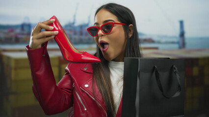 Woman holding vibrant red shoe and shopping bags outdoors at a port, embodying joy and style with a...