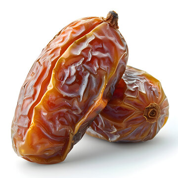 Premium studio shot showing A high definition image of two fresh, dried Deglet Noor dates positioned against a plain white background. The Deglet Noor dates should have a medium sized, light amber to