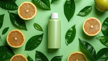 Top-down view of a green bottle with a white cap, surrounded by halved citrus fruits and vibrant green leaves, all against a light green backdrop