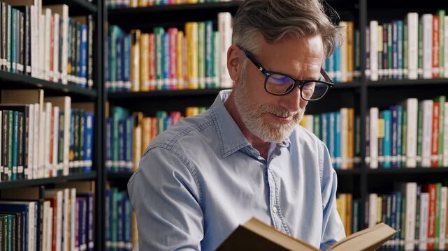 A man in a library reads a book intently, surrounded by shelves full of books. The man's focus on his book is enhanced by the colorful books behind the man.