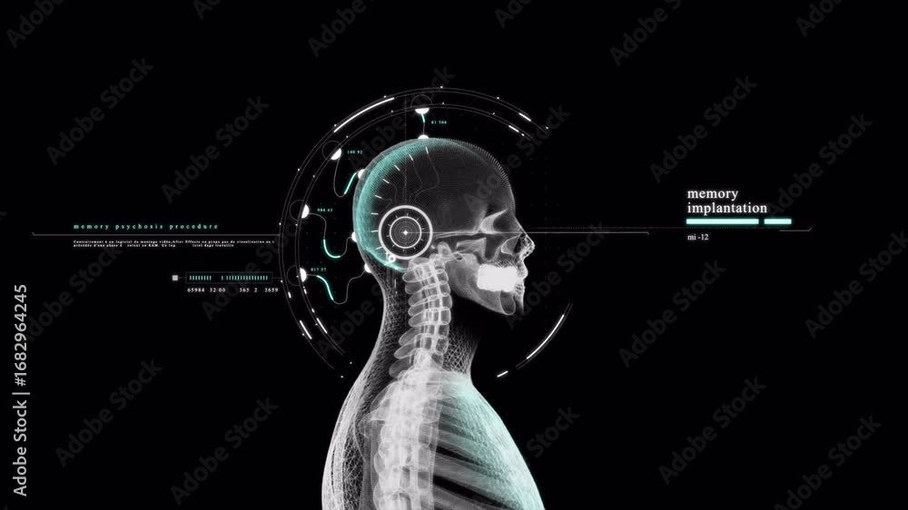 Poster advanced scientific hud scans a digital human skeleton, visualizing brain and neural activity