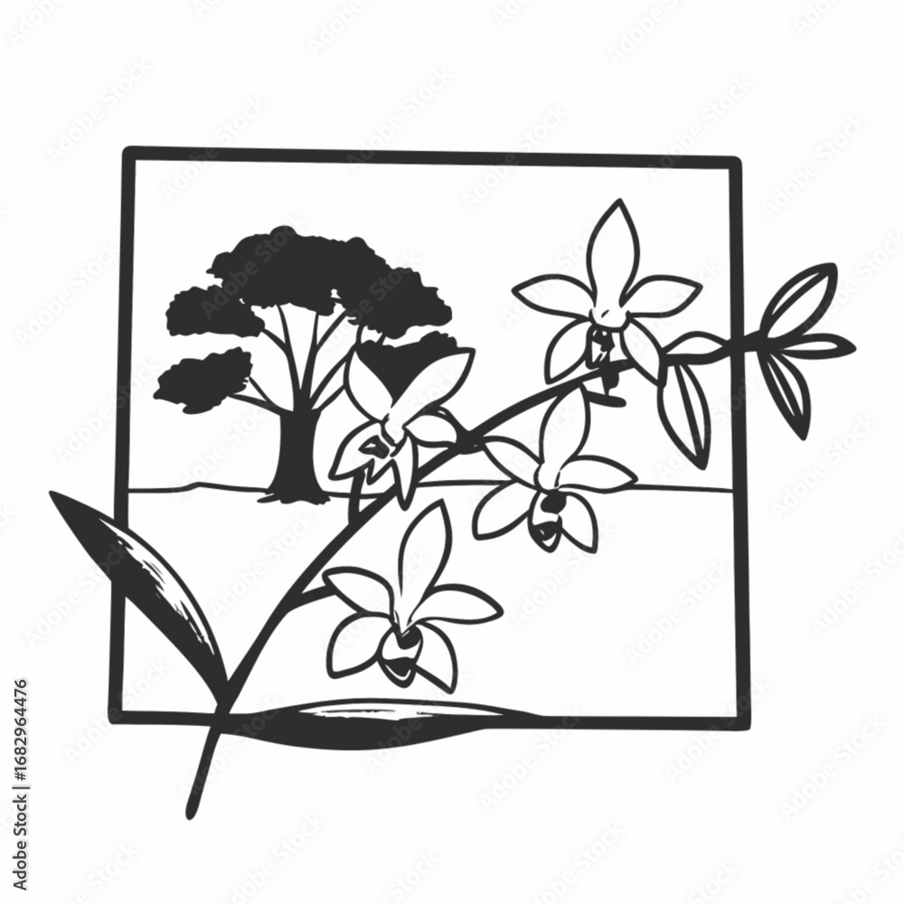 Poster minimilist black and white illustration of orchids with a tree in a square frame design element natu