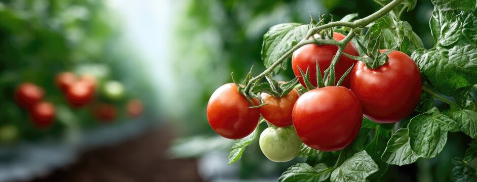 Tomatoes at various ripeness stages grow on vines, emphasizing organic farming and promoting locally sourced eco-friendly food