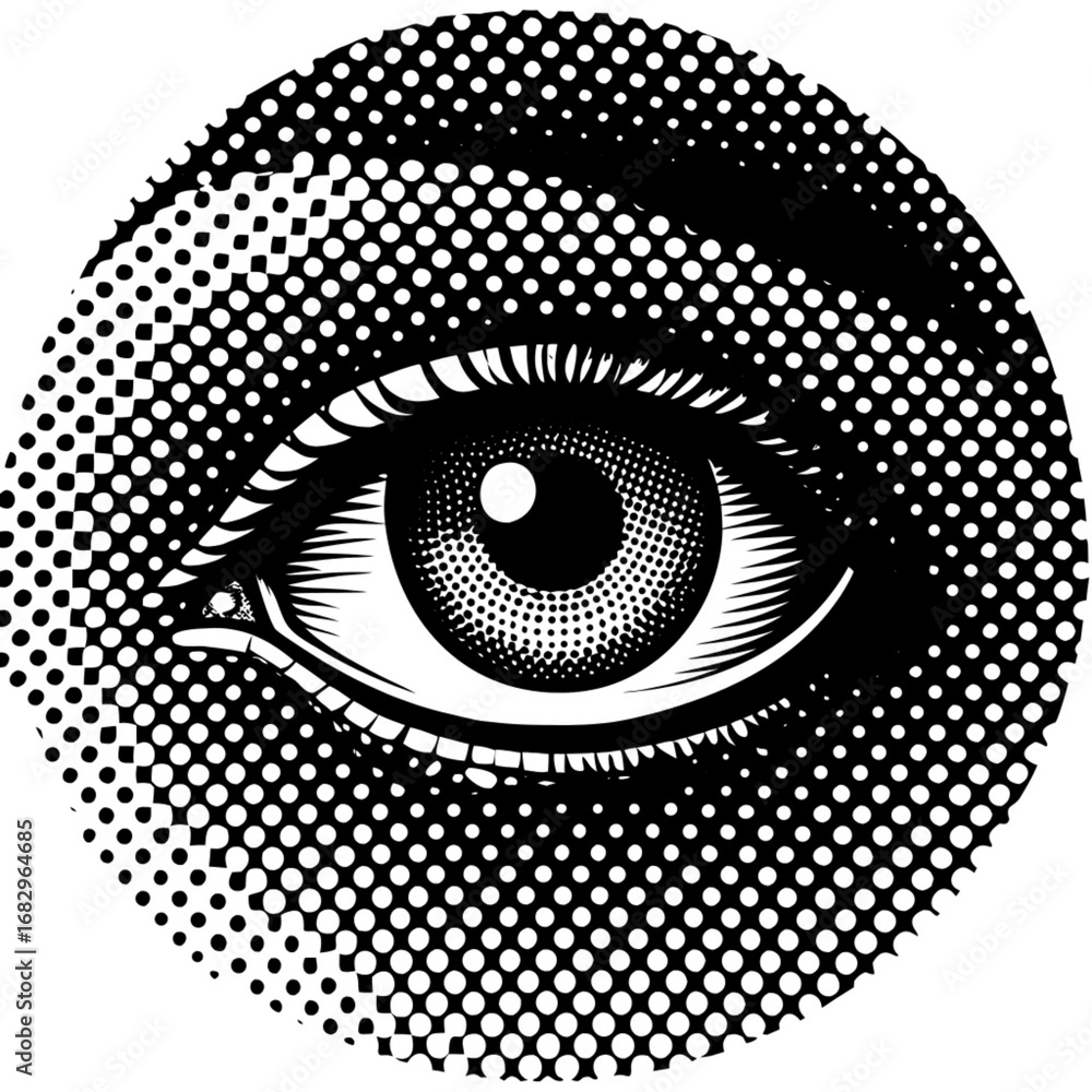 Poster minimilist detailed halftone eye illustration with intricate shading and circular dotted background 