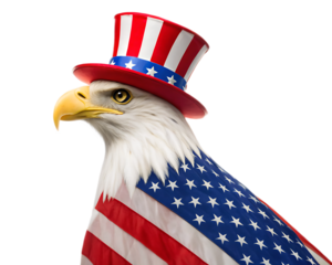 Patriotic bald eagle wearing an american flag themed hat and draped with a flag on white background