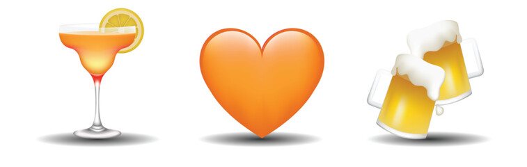 Orange color heart shape, cocktail glass with lemon slice and two glasses with fresh yellow beer. 