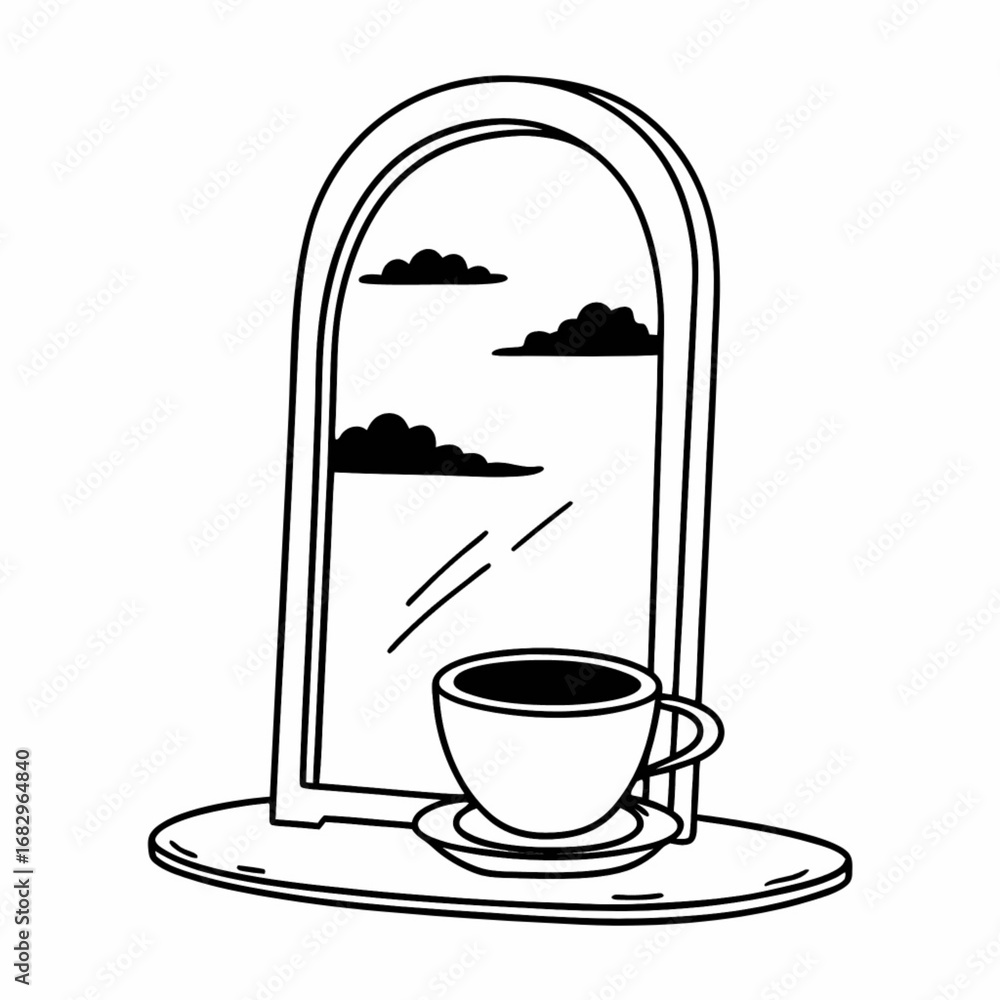 Poster minimilist line art of a cup of coffee on a table in front of a mirror reflecting clouds in a simple