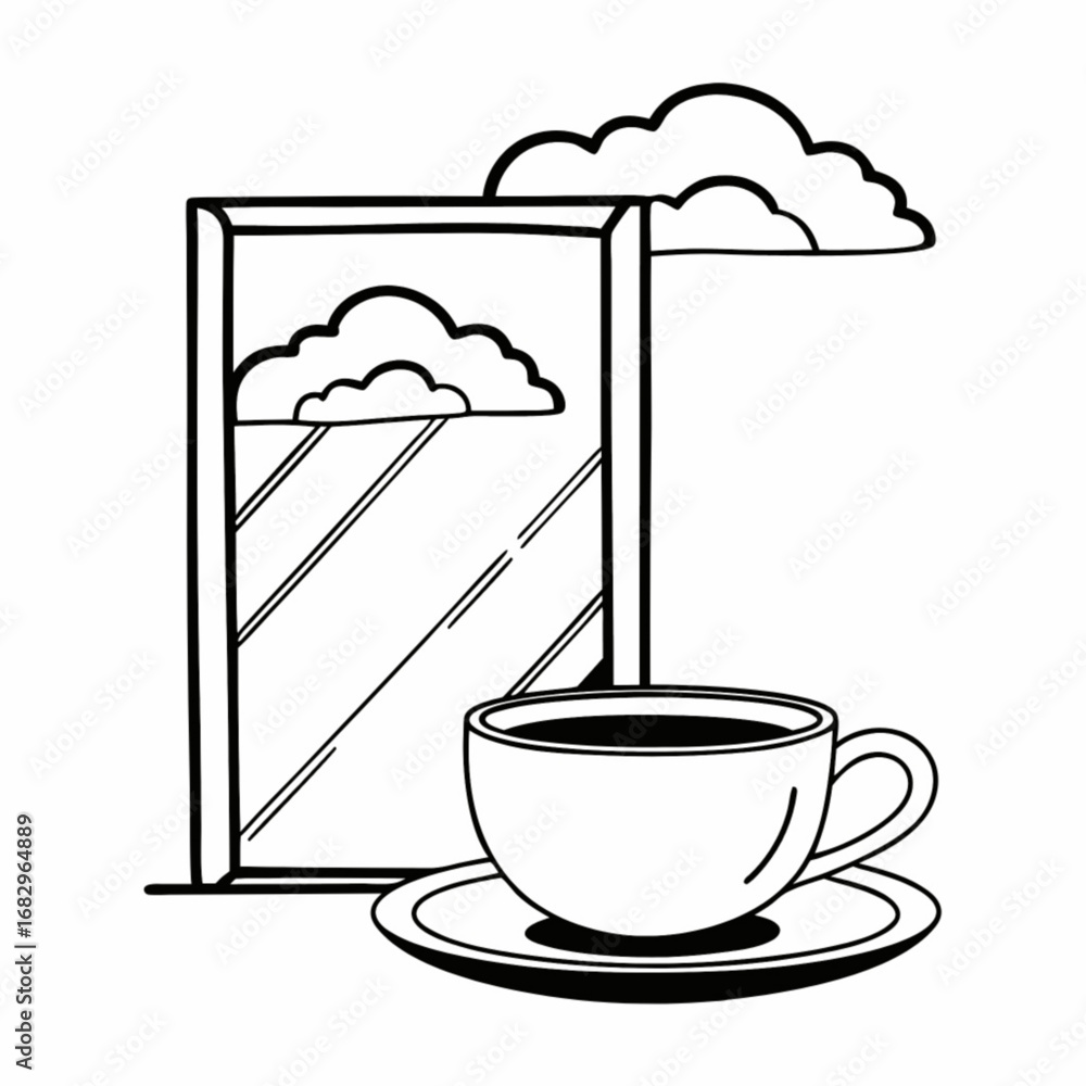 Poster minimilist coffee cup and saucer next to a window with clouds reflected in the glass and outside the