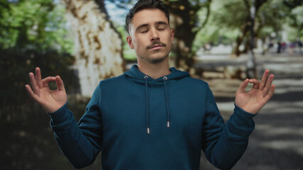 Young man meditating outdoors with closed eyes in a serene park setting, embodying calmness and relaxation, wearing blue hoodie with natural green background and sunlight.