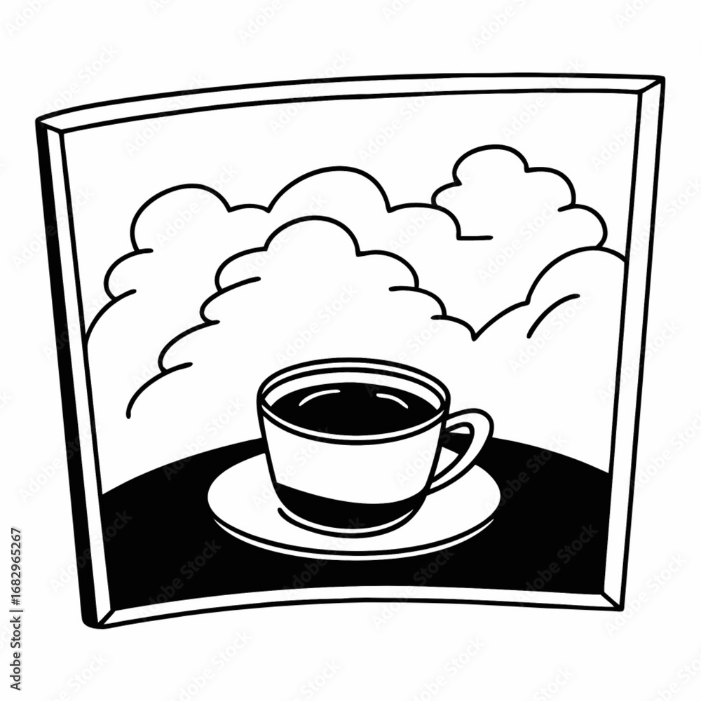 Poster minimilist a cup of coffee on a saucer in front of a window with clouds in a black and white line dr
