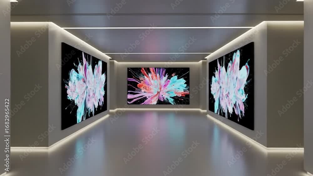 Poster Abstract Artwork Displayed in a Modern White Hallway with Creative Color Splashes and Geometric Patterns in a Futuristic Interior Design