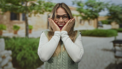 Woman covers her eyes with both hands in a lush green park setting under natural sunlight; surprise...